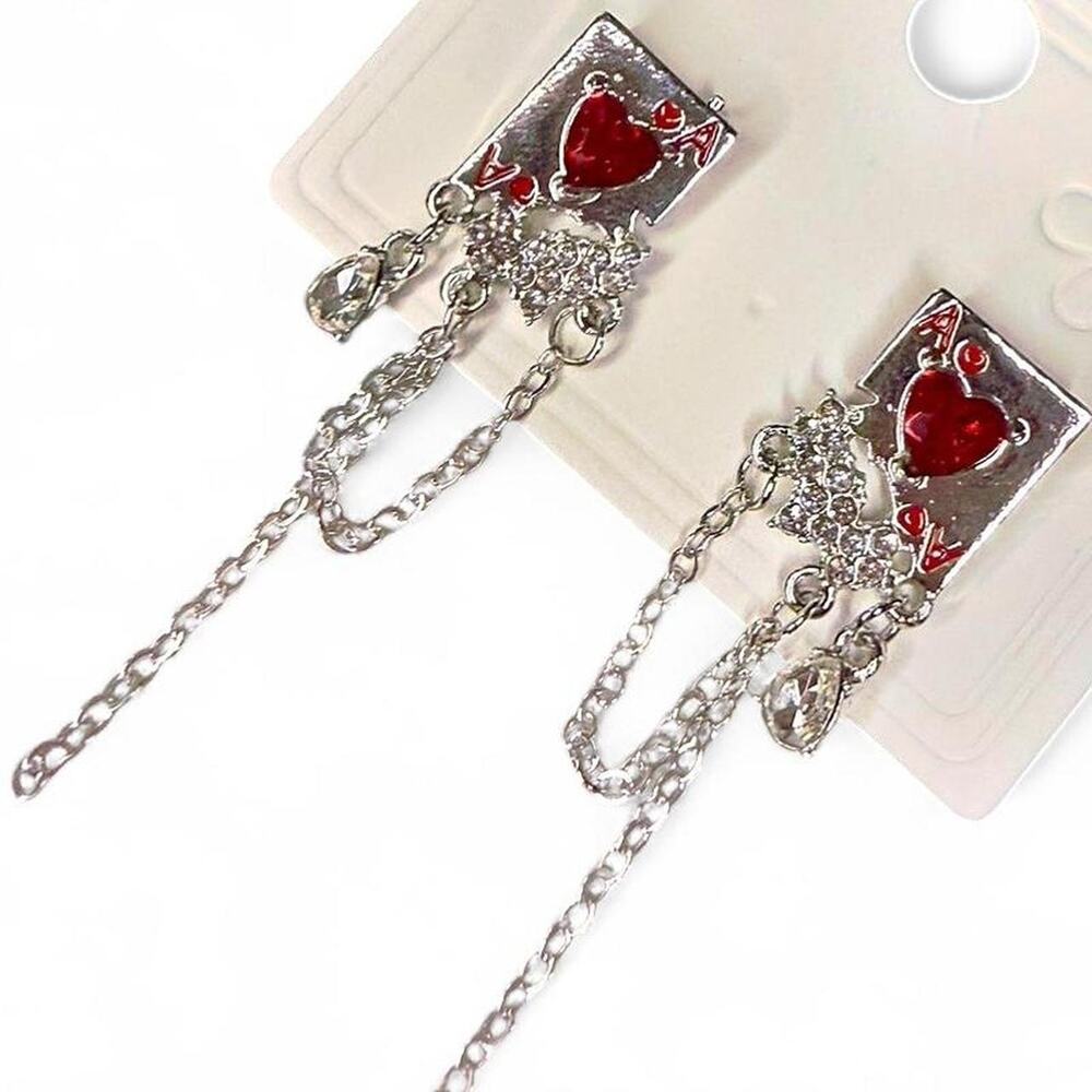 Red Silver Tone Rhinestone Heart Aces Playing Card Stud Earrings Chain 2”